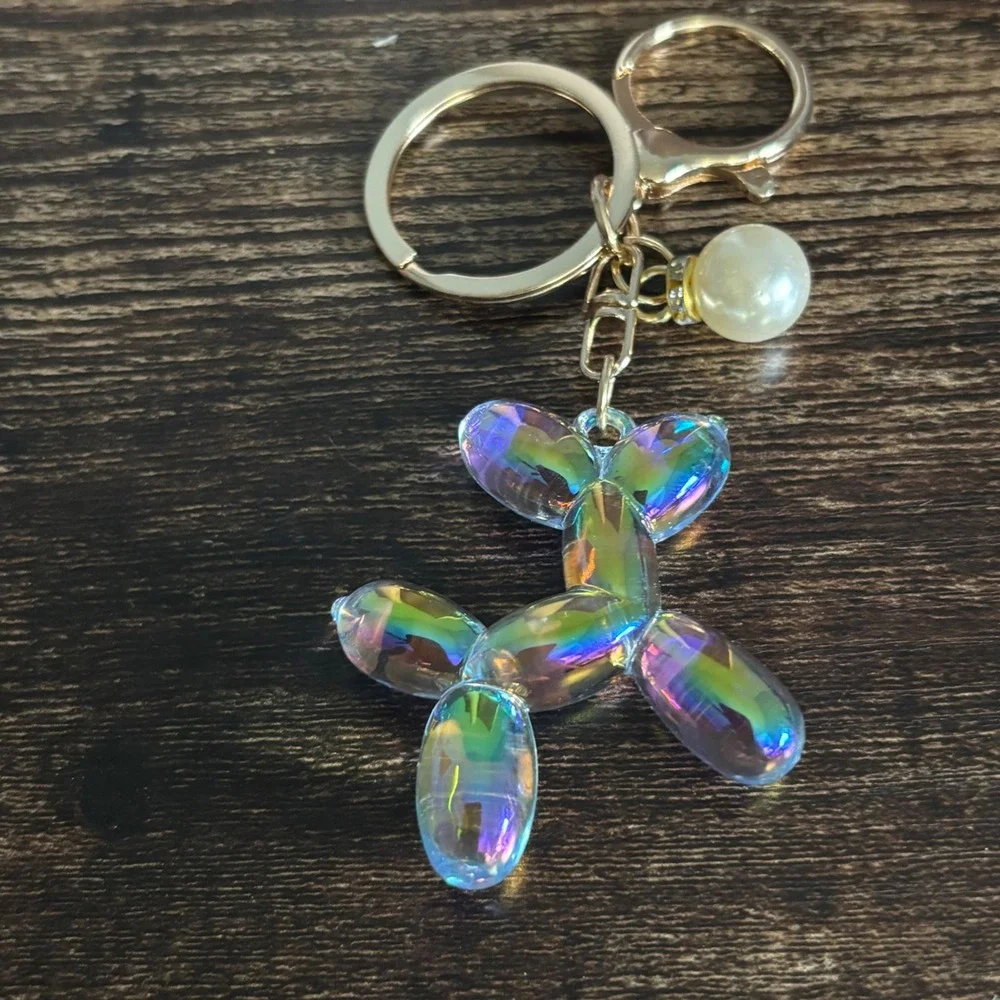 Iridescent Balloon Dog Keychain Gold Tone Bag Charm with Pearl Accent Pop Art